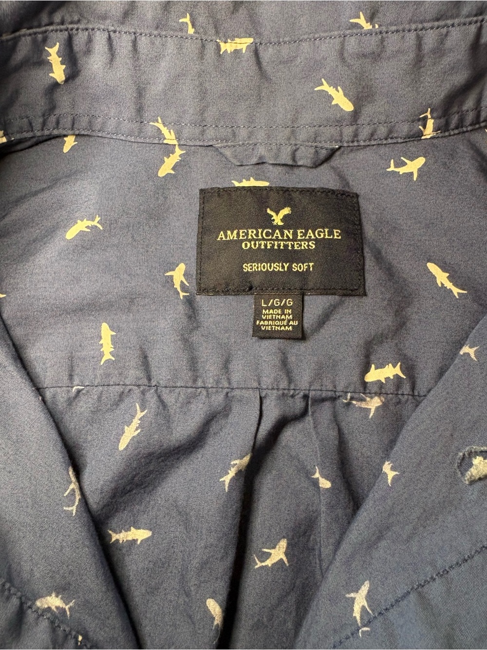 American Eagle Outfitters Navy Short-Sleeve Button-Up- White Micro Shark Print - Picture 6 of 10